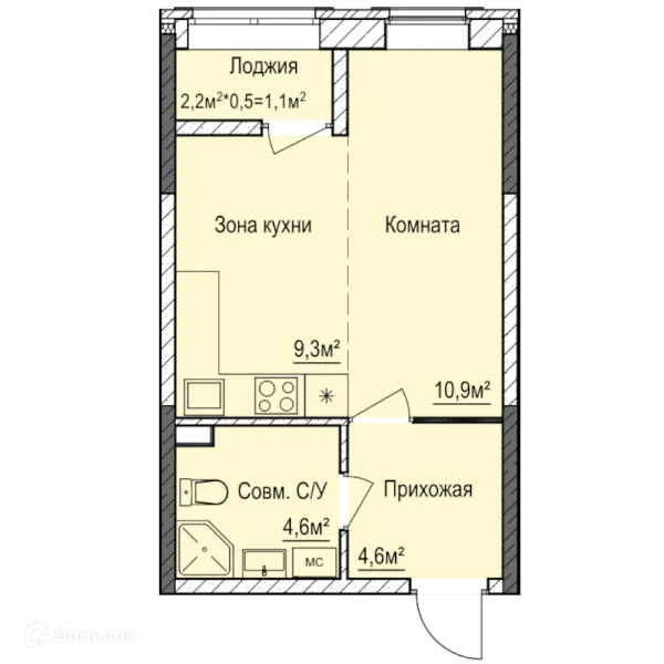Планировка 1 комн. в ЖК Покровский