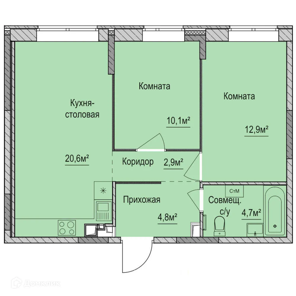 Планировка 2-комнатной квартиры 56 м² в ЖК Покровский, г. Ижевск — фото 1