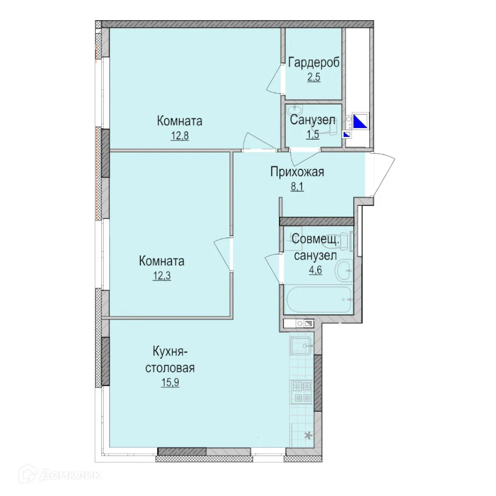 Планировка 2-комнатной квартиры 58 м² в ЖК Хорошо, г. Ижевск — фото 1