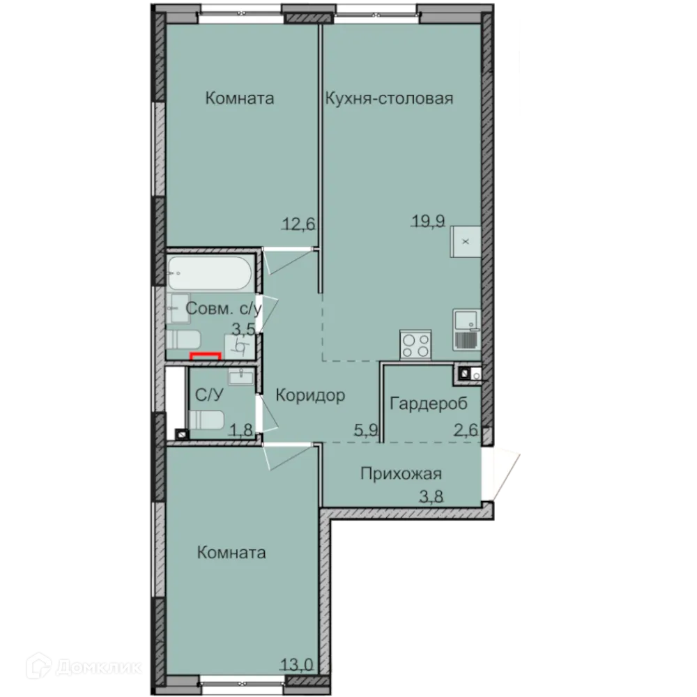 Планировка 2-комнатной квартиры 63 м² в ЖК НЕО, г. Ижевск — фото 1
