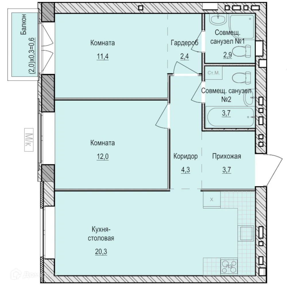 Планировка 2-комнатной квартиры 61 м² в ЖК Санвилл, г. Ижевск — фото 1