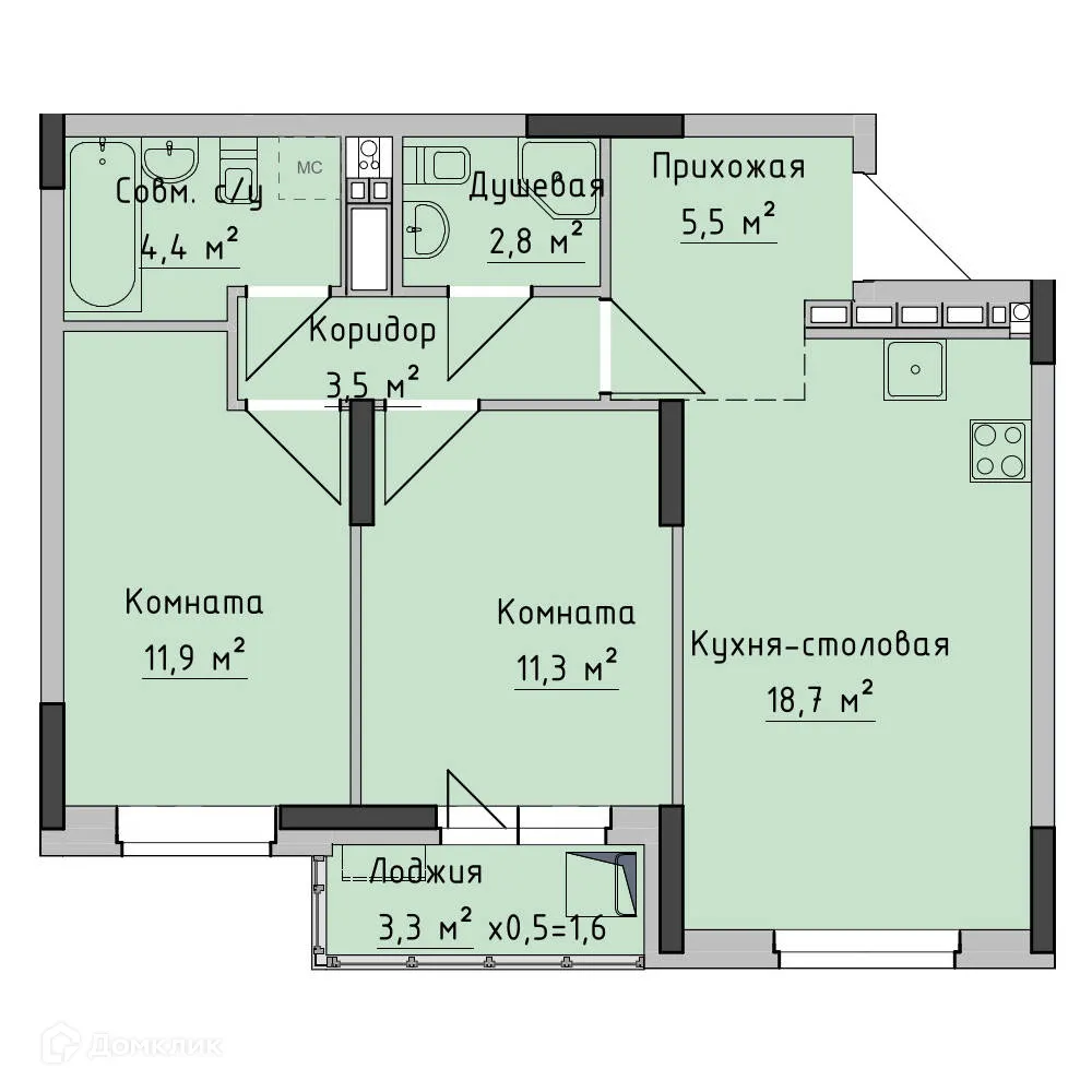 Планировка 2-комнатной квартиры 60 м² в ЖК Холмогоровский, г. Ижевск — фото 1