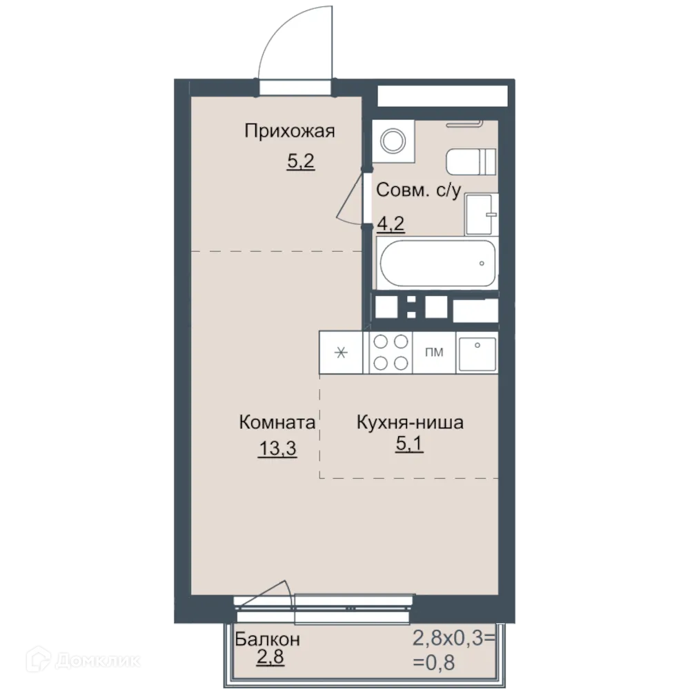 Планировка 1-комнатной квартиры 29 м² в ЖК Истории, г. Ижевск — фото 1