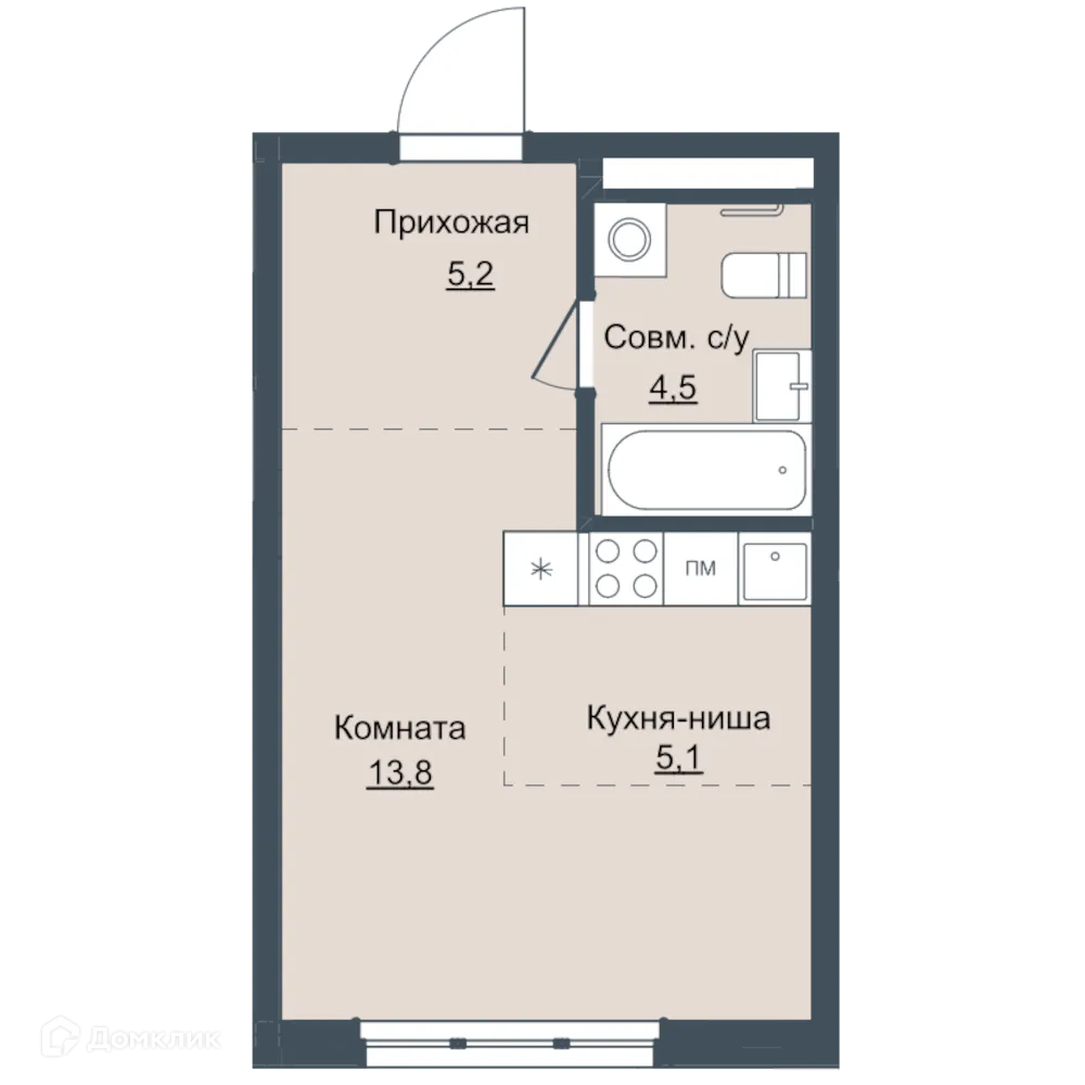 Планировка 1-комнатной квартиры 29 м² в ЖК Истории, г. Ижевск — фото 1