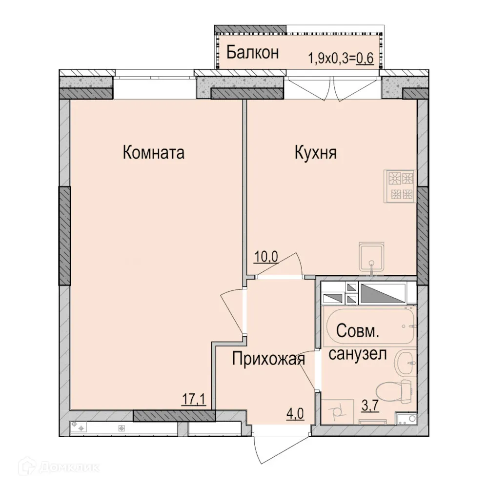 Планировка 1-комнатной квартиры 35 м² в ЖК А14, г. Ижевск — фото 1