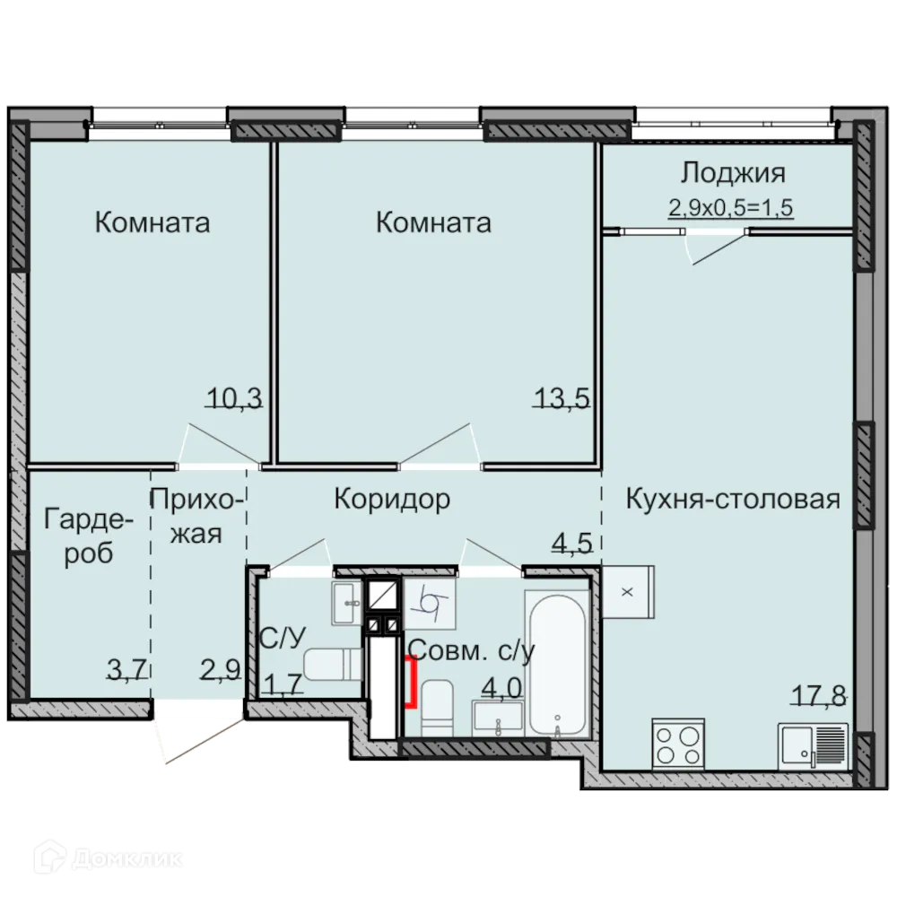 Планировка 2-комнатной квартиры 60 м² в ЖК НЕО, г. Ижевск — фото 1