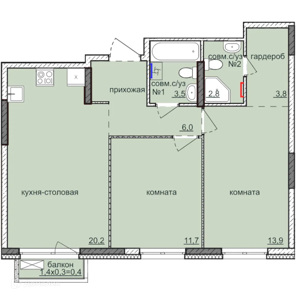 Планировка 2-комнатной квартиры 62 м² в ЖК Ежевика, г. Ижевск — фото 1