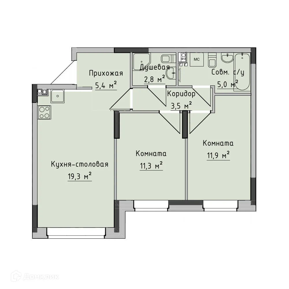 Планировка 2-комнатной квартиры 59 м² в ЖК Холмогоровский, г. Ижевск — фото 1
