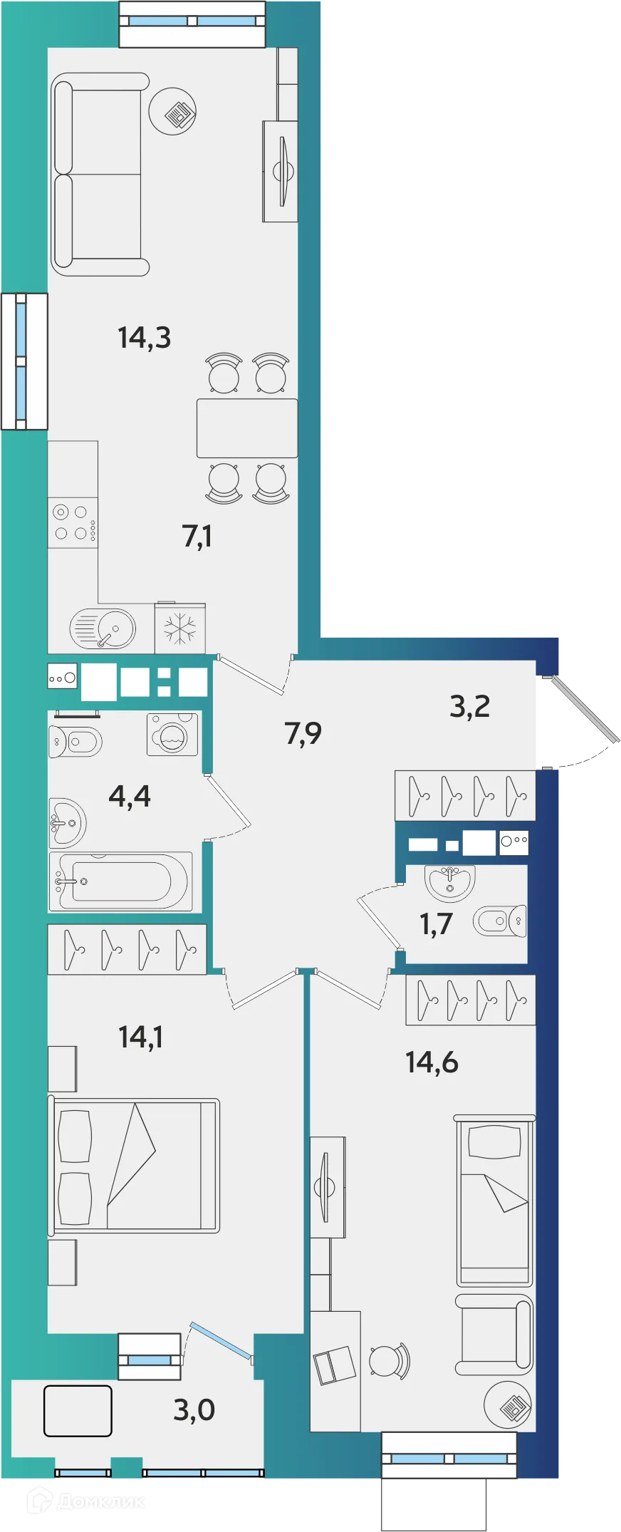 Планировка 3-комнатной квартиры 68.8 м² в ЖК БершаСити, г. Ижевск — фото 1