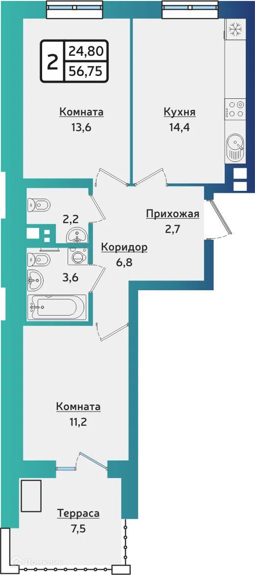 Планировка 2-комнатной квартиры 57.17 м² в ЖК ARTNOVA (Артнова), г. Ижевск — фото 1
