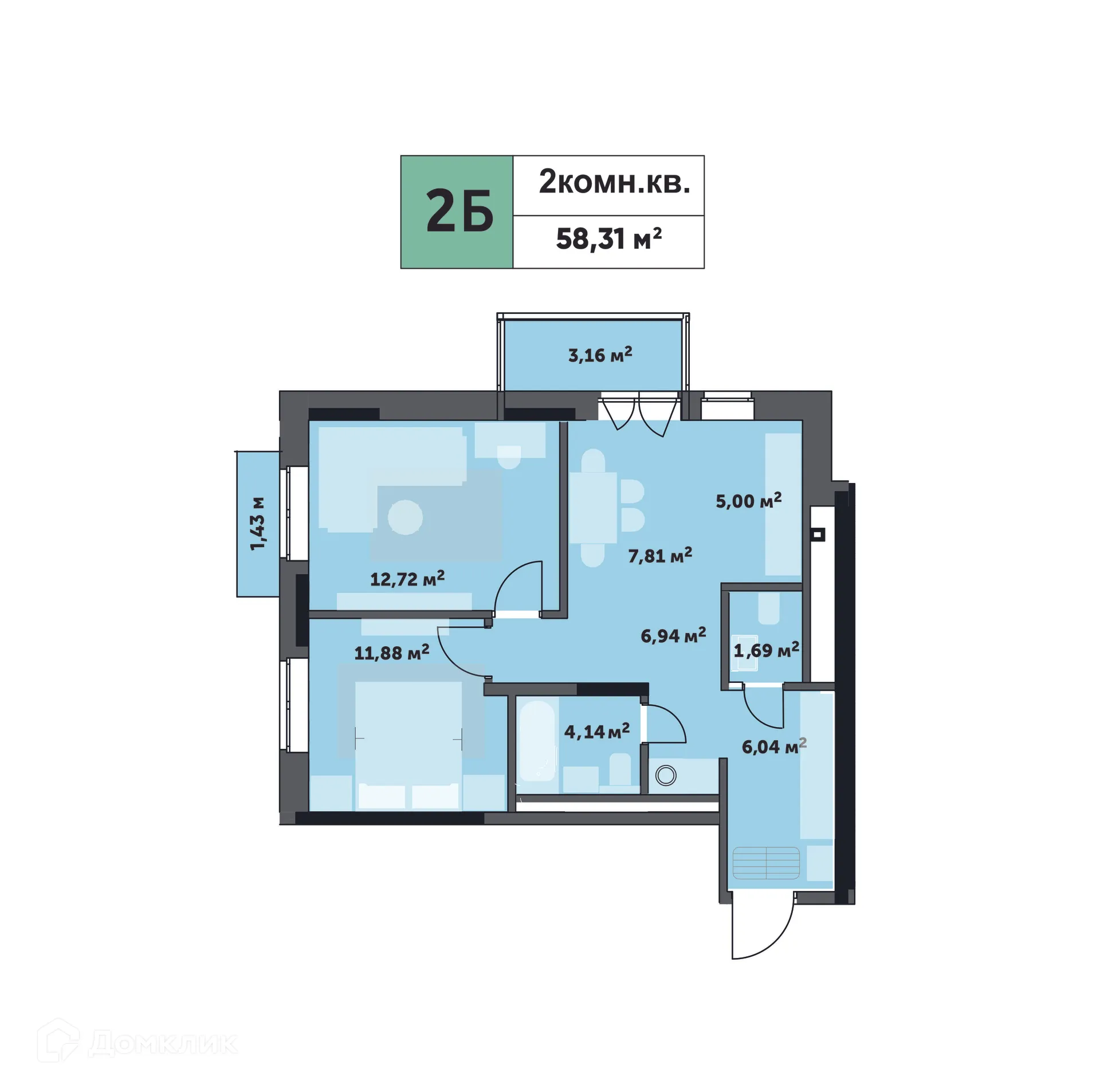 Планировка 2-комнатной квартиры 58.31 м² в ЖК "Седьмое Небо", г. Ижевск — фото 1