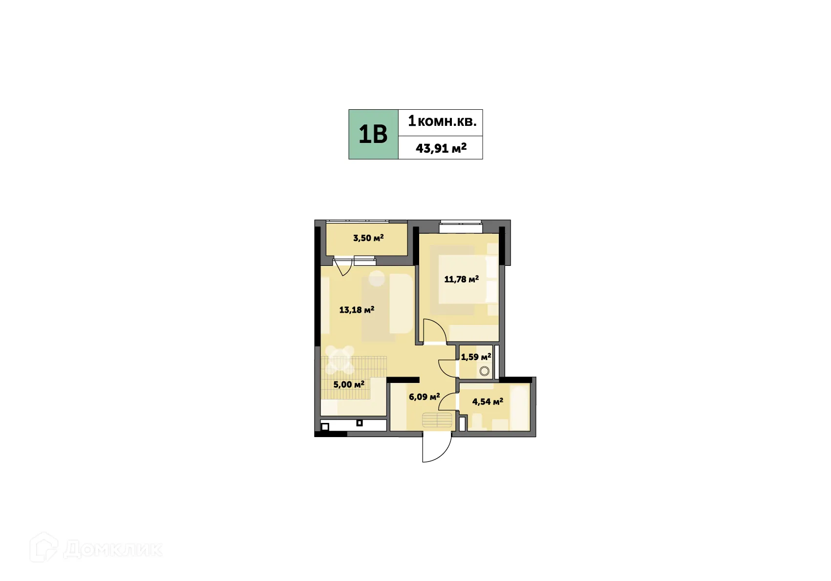 Планировка 1-комнатной квартиры 43.96 м² в ЖК "Седьмое Небо", г. Ижевск — фото 1