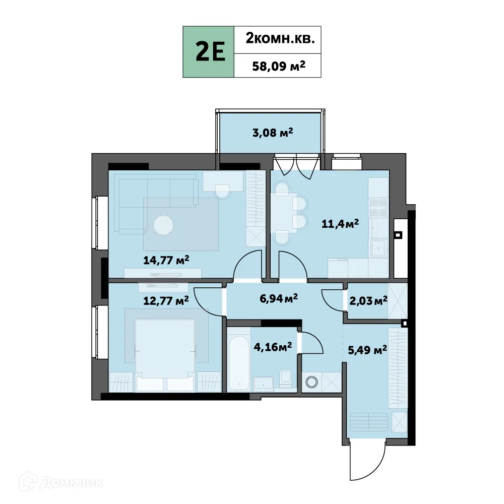 Планировка 2-комнатной квартиры 58.09 м² в ЖК "Седьмое Небо", г. Ижевск — фото 1