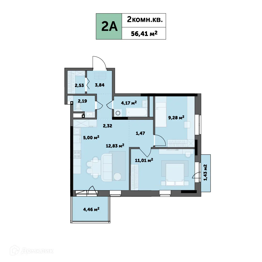 Планировка 2-комнатной квартиры 56.41 м² в ЖК "Седьмое Небо", г. Ижевск — фото 1