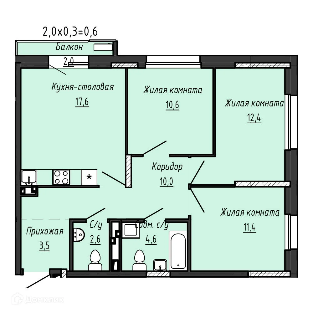 Планировка 3-комнатной квартиры 73 м² в ЖК Город оружейников, г. Ижевск — фото 1