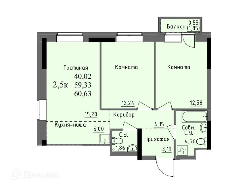 Планировка 2-комнатной квартиры 59.33 м² в ЖК Арден на Ключевом, г. Ижевск — фото 1