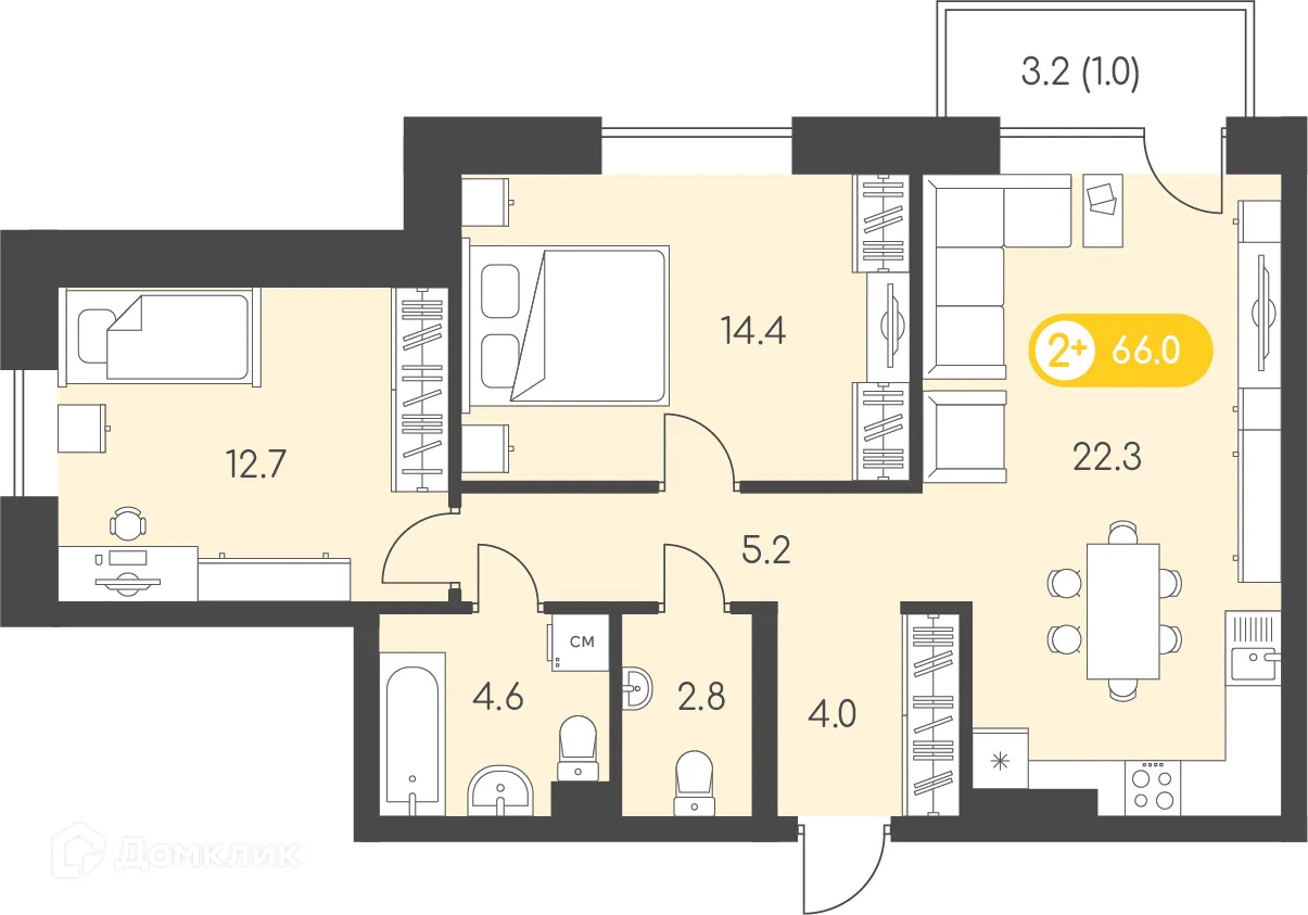 Планировка 2-комнатной квартиры 66 м² в ЖК Новый восход, г. Ижевск — фото 1