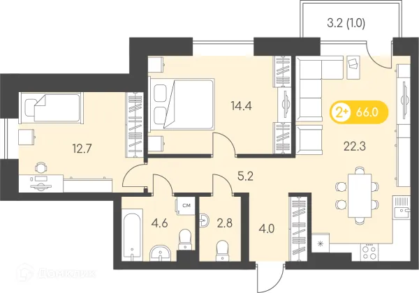 Планировка 2 комн. в ЖК Новый восход
