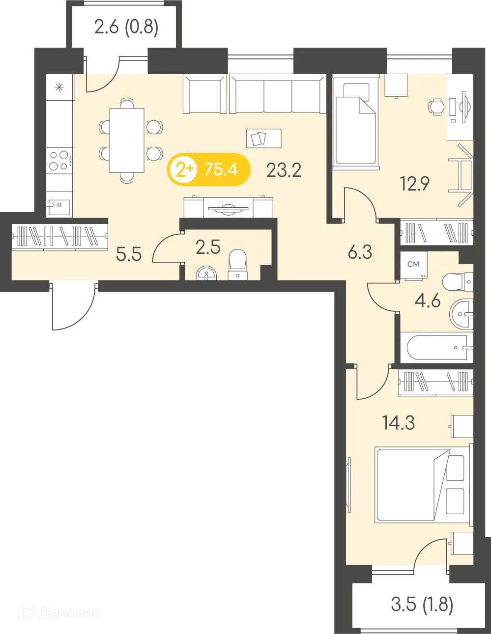 Планировка 2-комнатной квартиры 75.4 м² в ЖК Новый восход, г. Ижевск — фото 1