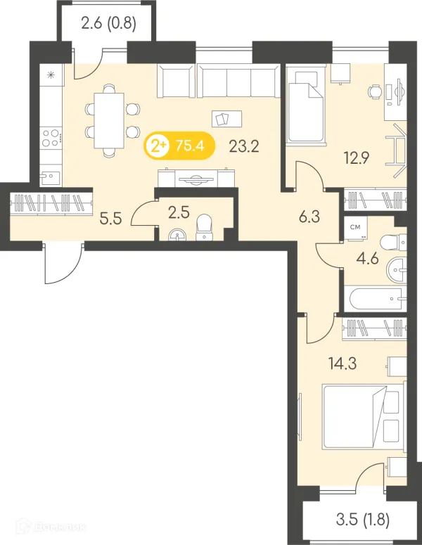 Планировка 2 комн. в ЖК Новый восход