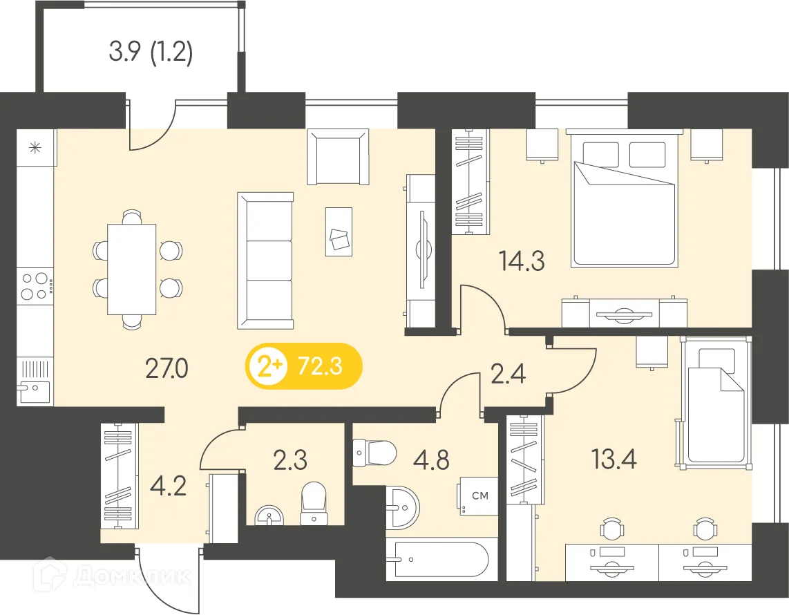 Планировка 2-комнатной квартиры 72.3 м² в ЖК Новый восход, г. Ижевск — фото 1