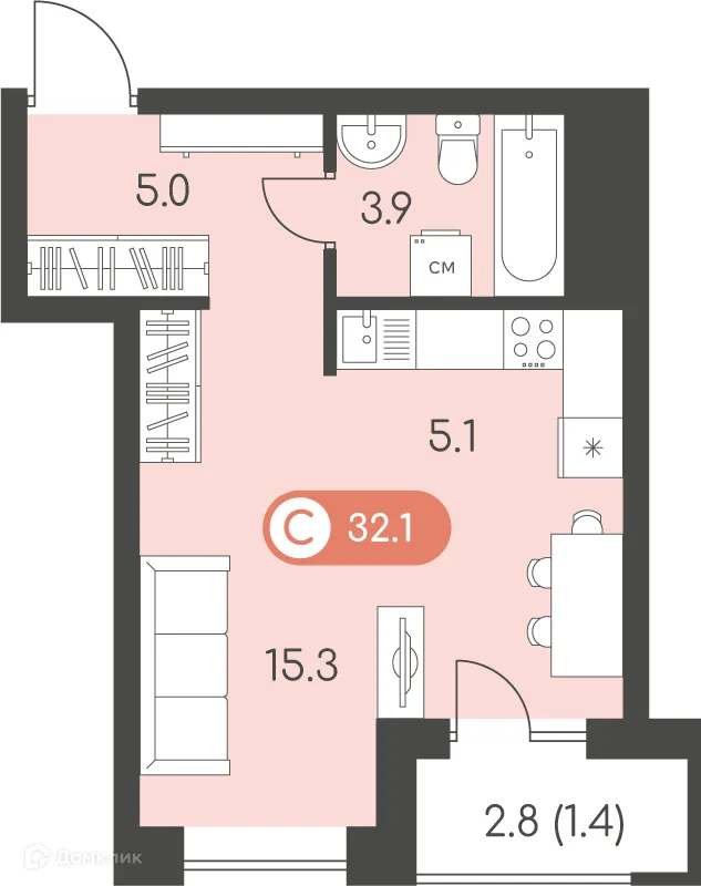 Планировка студии квартиры 32.1 м² в ЖК Новый восход, г. Ижевск — фото 1