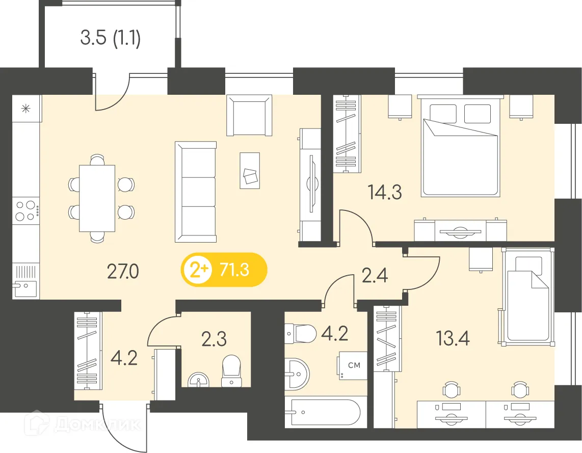 Планировка 2-комнатной квартиры 71.3 м² в ЖК Новый восход, г. Ижевск — фото 1