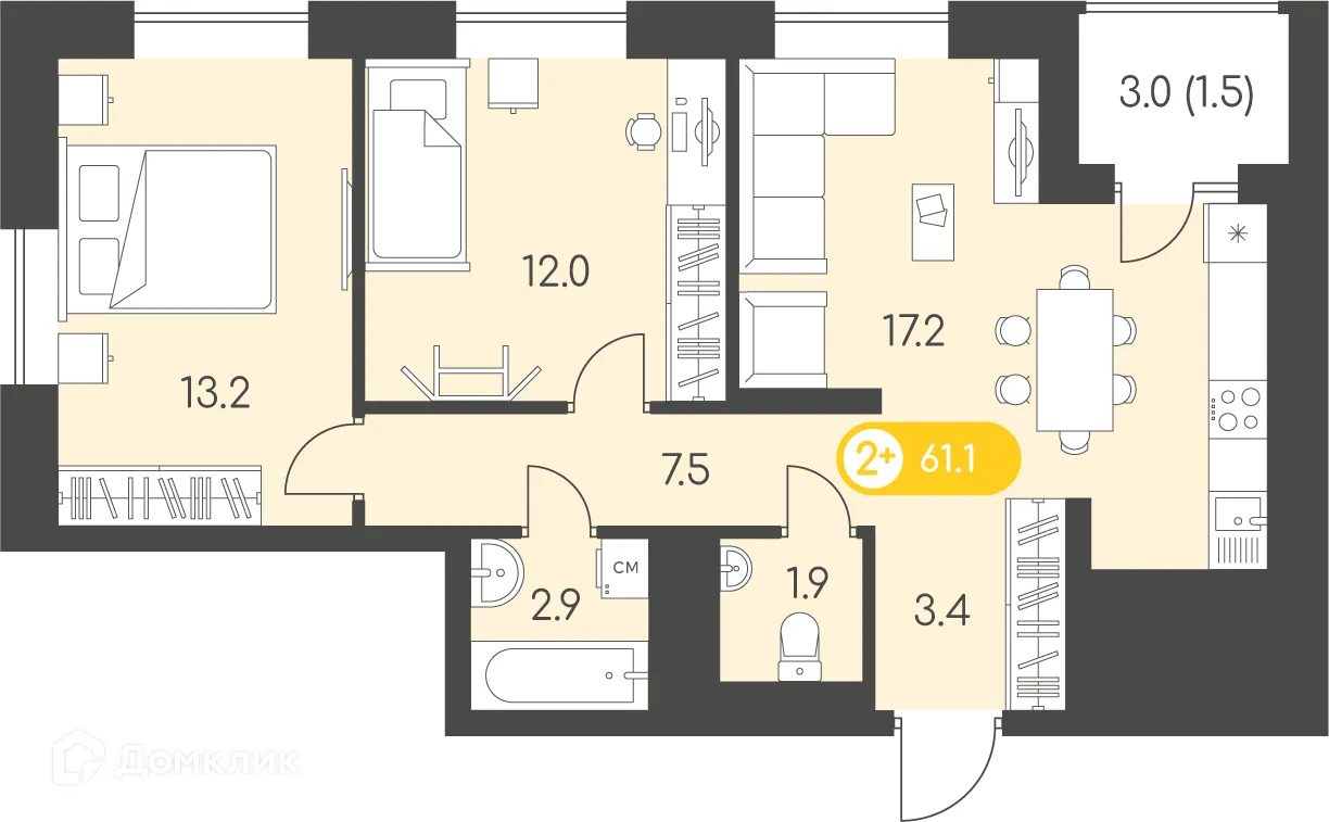 Планировка 2-комнатной квартиры 61.1 м² в ЖК Новый восход, г. Ижевск — фото 1