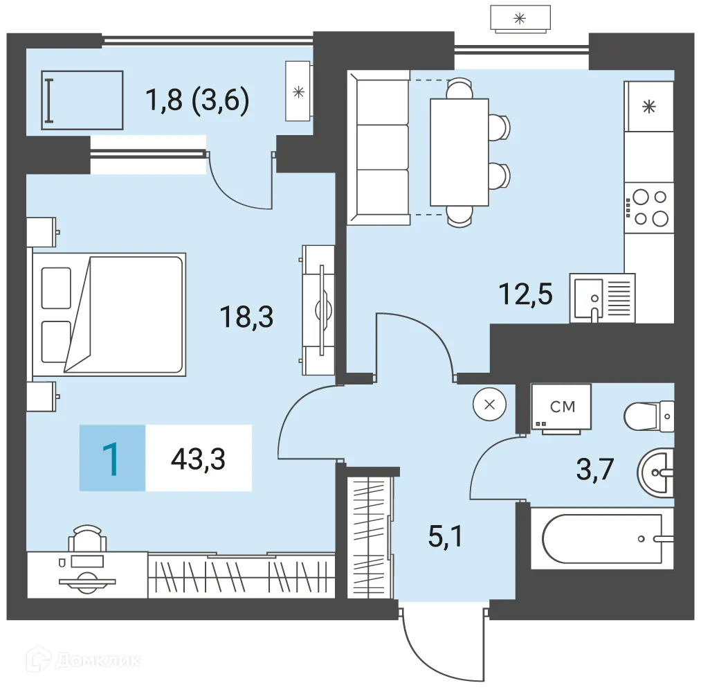 Планировка 1-комнатной квартиры 43.3 м² в ЖК Новый город, г. Ижевск — фото 1