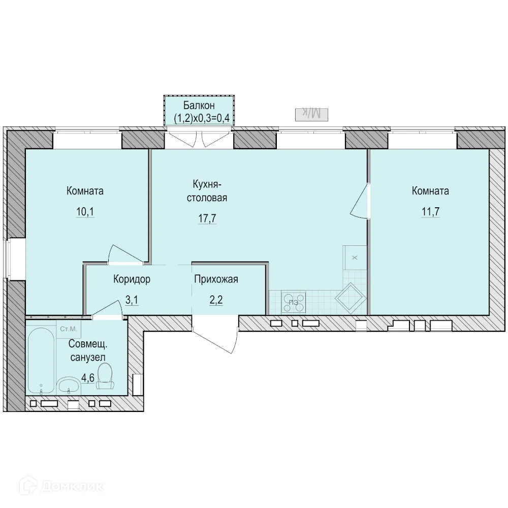 Планировка 2-комнатной квартиры 50 м² в ЖК Санвилл, г. Ижевск — фото 1