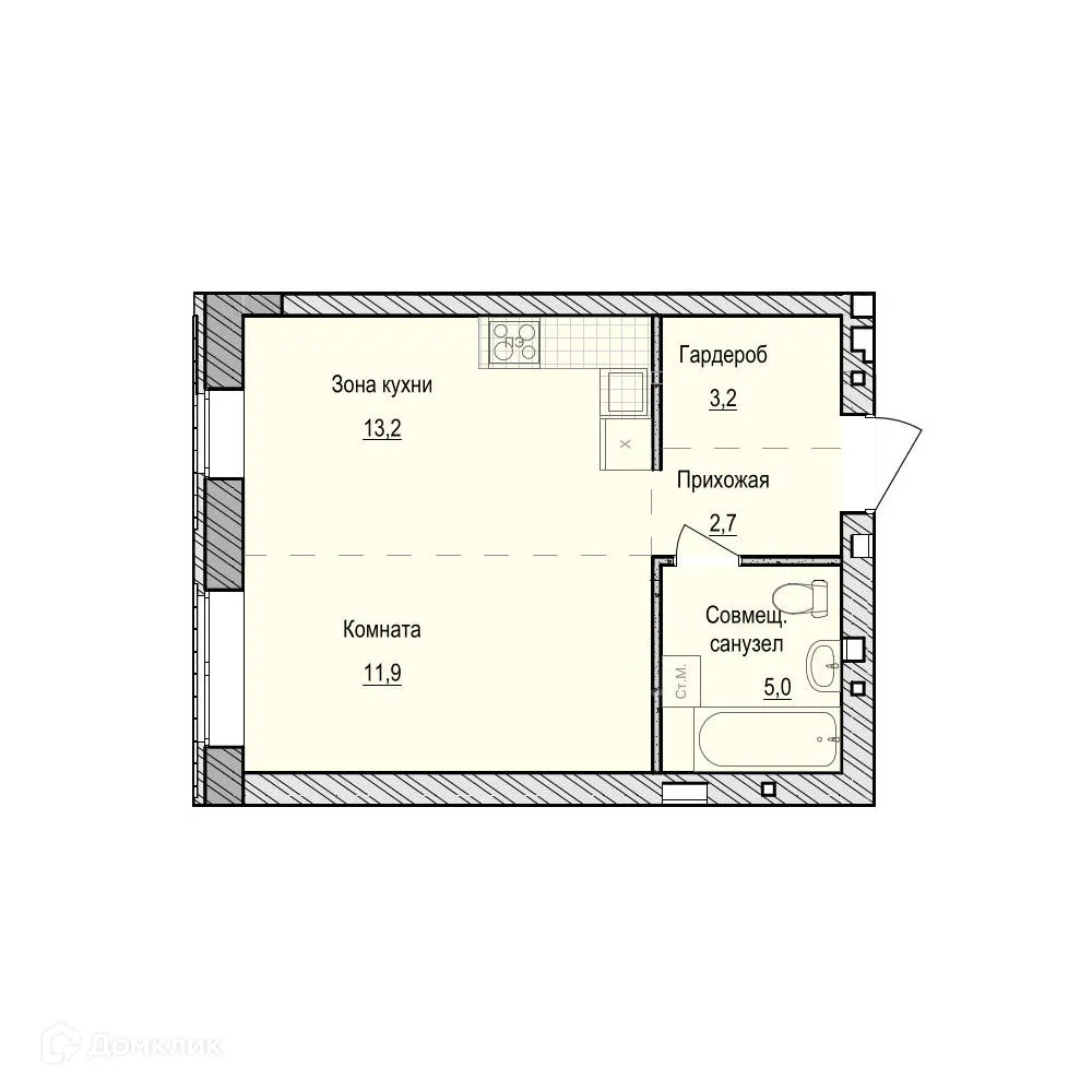 Планировка 1-комнатной квартиры 36 м² в ЖК Санвилл, г. Ижевск — фото 1