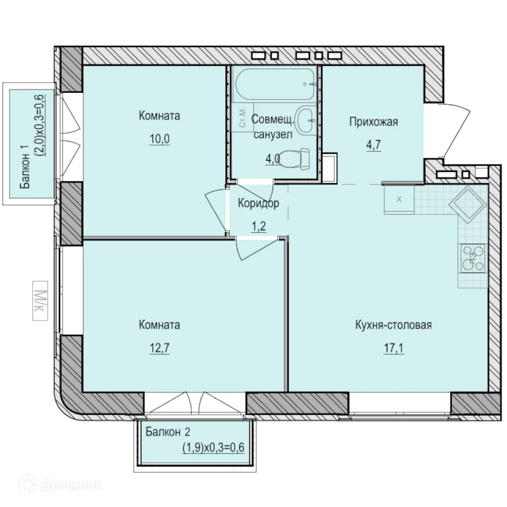 Планировка 2-комнатной квартиры 51 м² в ЖК Санвилл, г. Ижевск — фото 1