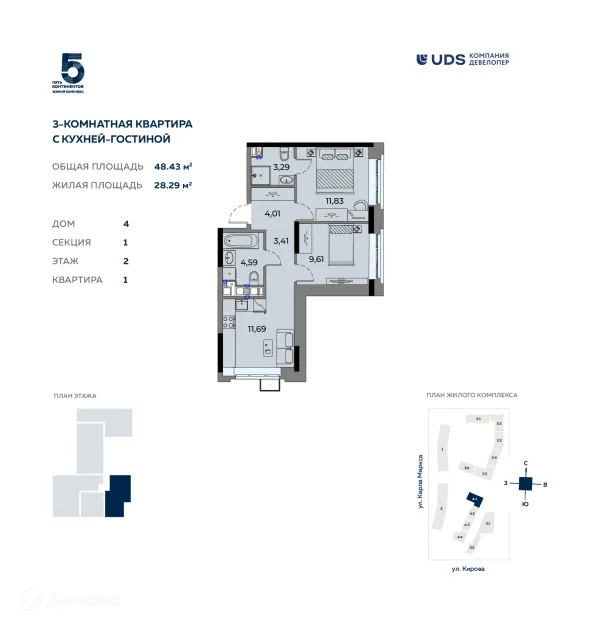 Планировка 3 комн. в ЖК Пять континентов