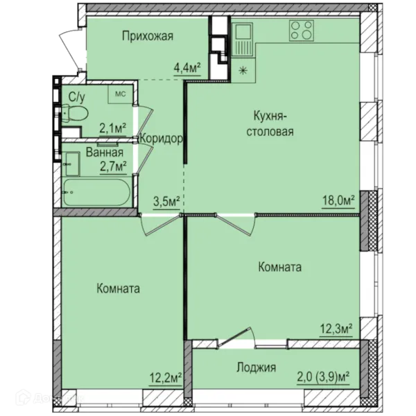 Планировка 2 комн. в ЖК Покровский