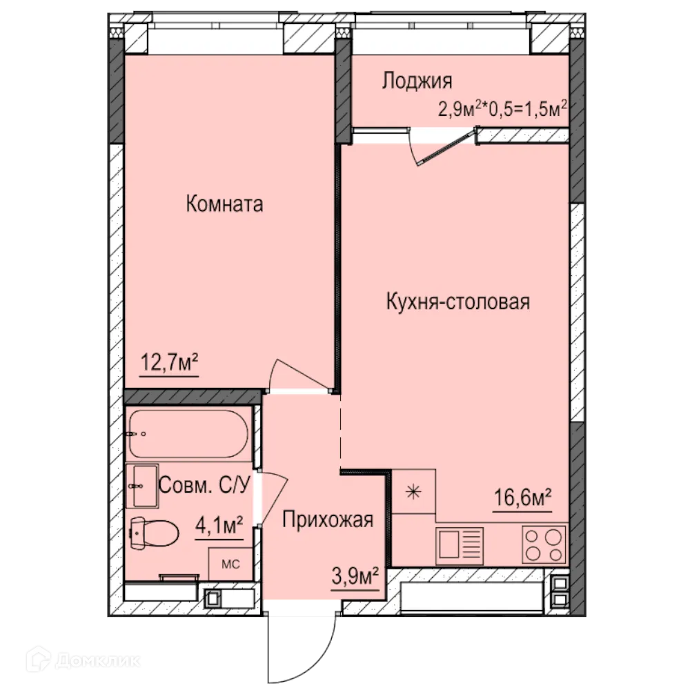 Планировка 1-комнатной квартиры 39 м² в ЖК Покровский, г. Ижевск — фото 1