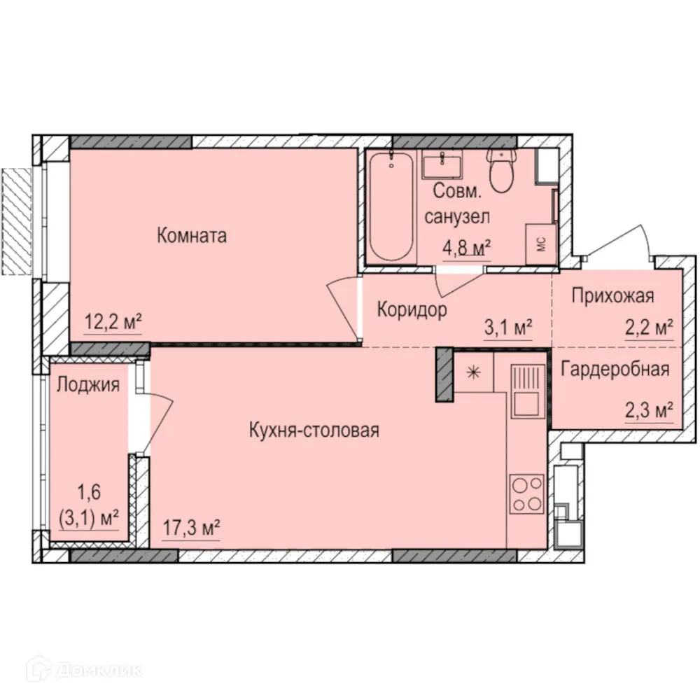 Планировка 1-комнатной квартиры 44 м² в ЖК Покровский, г. Ижевск — фото 1