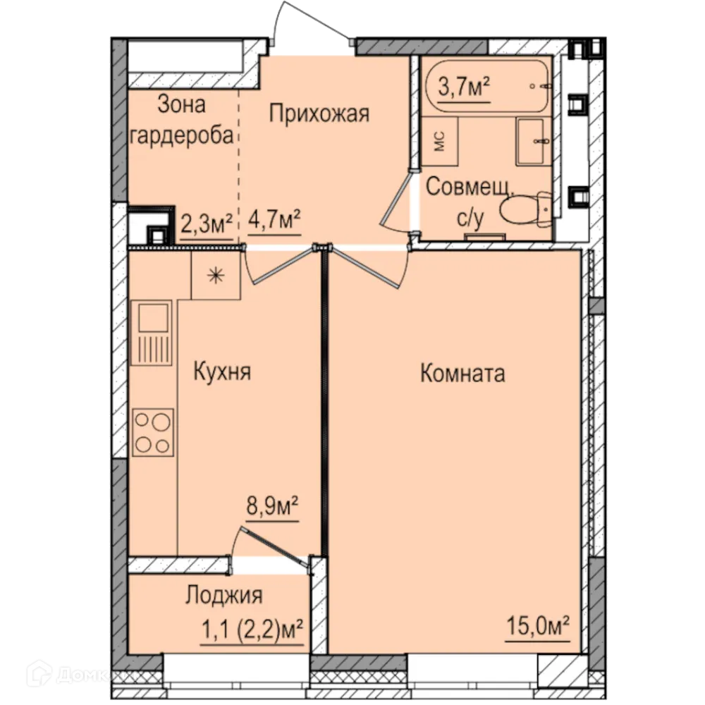 Планировка 1-комнатной квартиры 36 м² в ЖК Покровский, г. Ижевск — фото 1