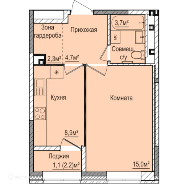 Планировка 1 комн. в ЖК Покровский