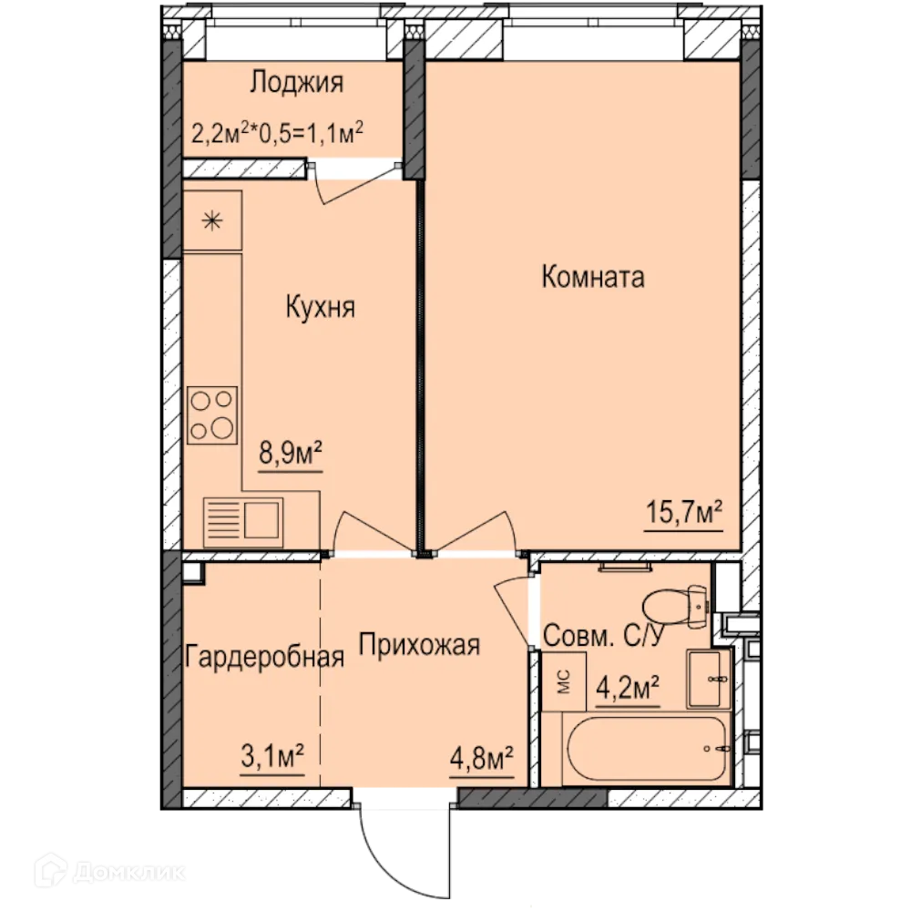 Планировка 1-комнатной квартиры 38 м² в ЖК Покровский, г. Ижевск — фото 1