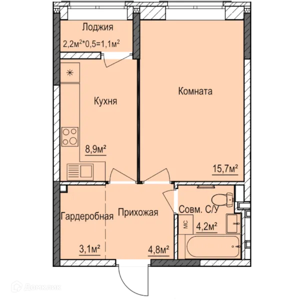 Планировка 1 комн. в ЖК Покровский