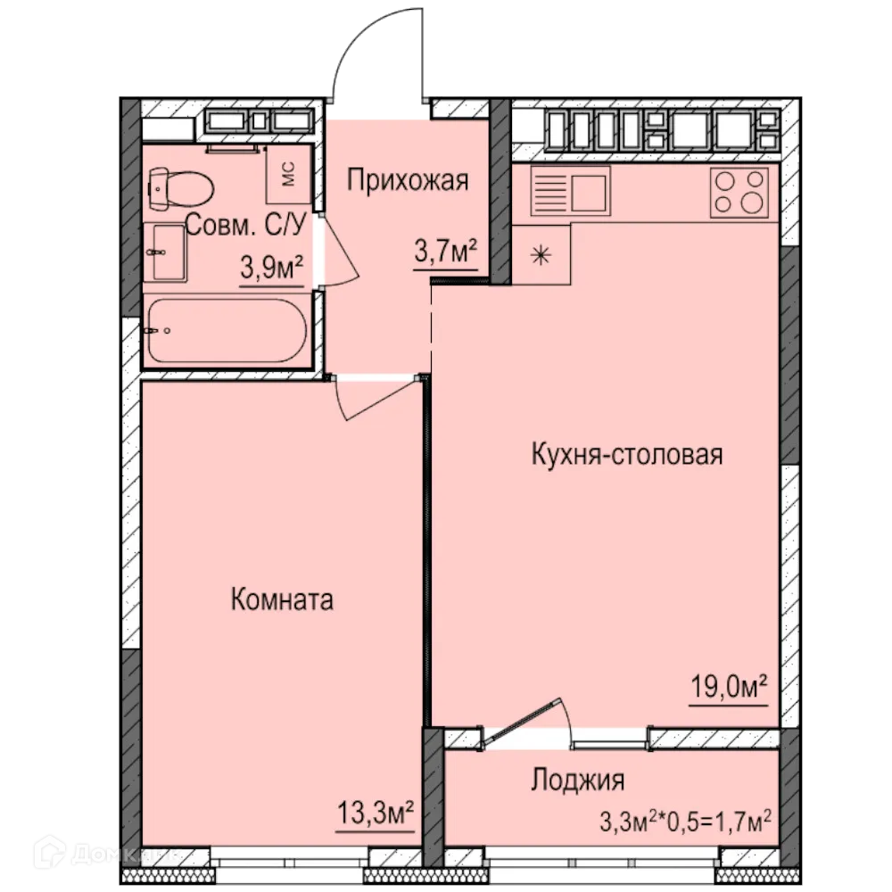 Планировка 1-комнатной квартиры 42 м² в ЖК Покровский, г. Ижевск — фото 1
