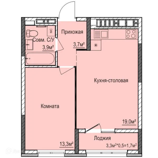 Планировка 1 комн. в ЖК Покровский
