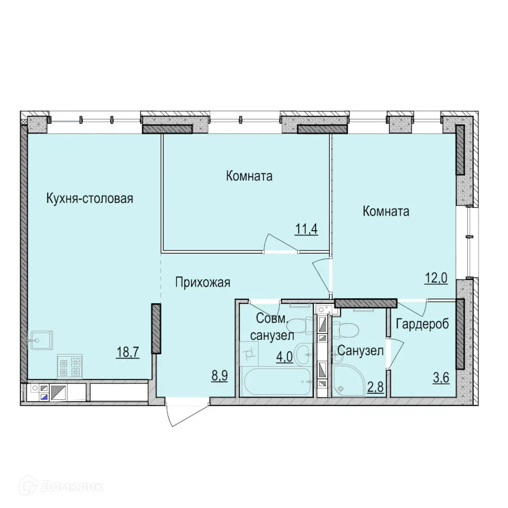 Планировка 2-комнатной квартиры 61 м² в ЖК Утро на Репина, г. Ижевск — фото 1