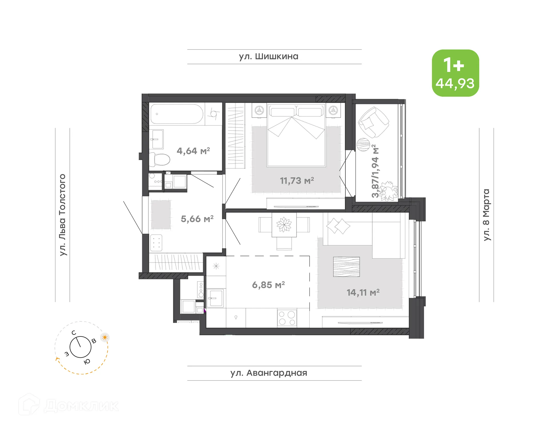 Планировка 2-комнатной квартиры 44.93 м² в ЖК Трилогия, г. Ижевск — фото 1