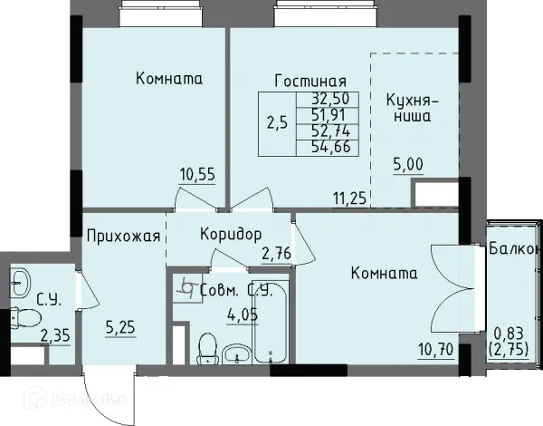 Планировка 2 комн. в ЖК Арден на Селтинской