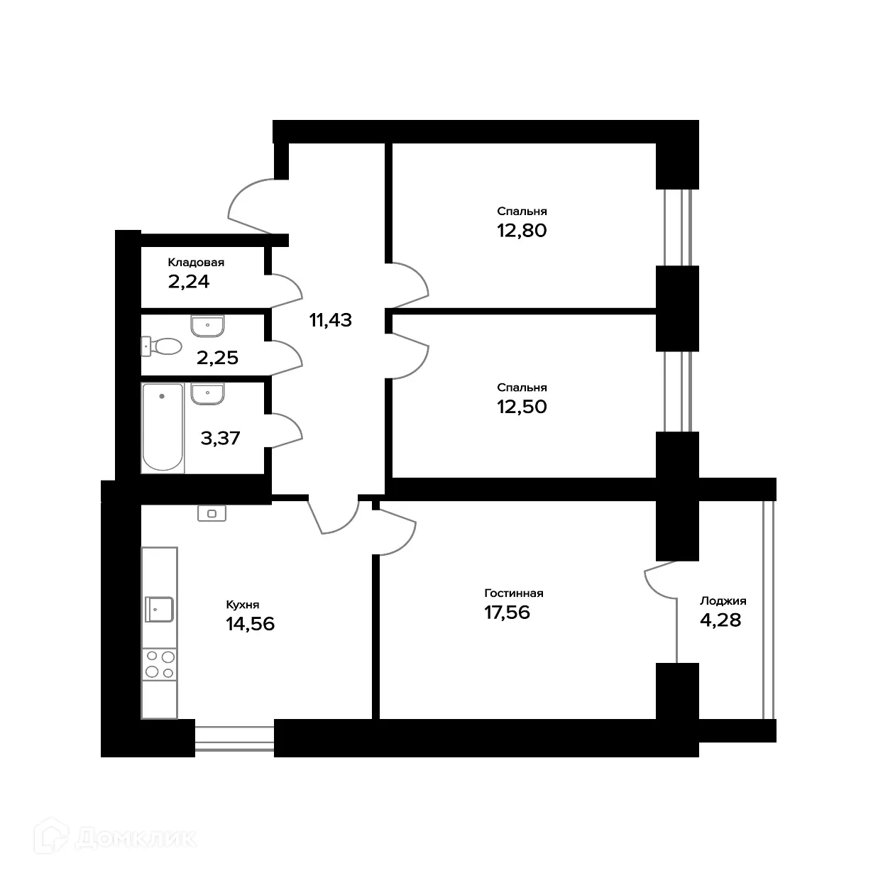 Планировка 3-комнатной квартиры 78.85 м² в ЖК "Норские резиденции", г. Ярославль — фото 1