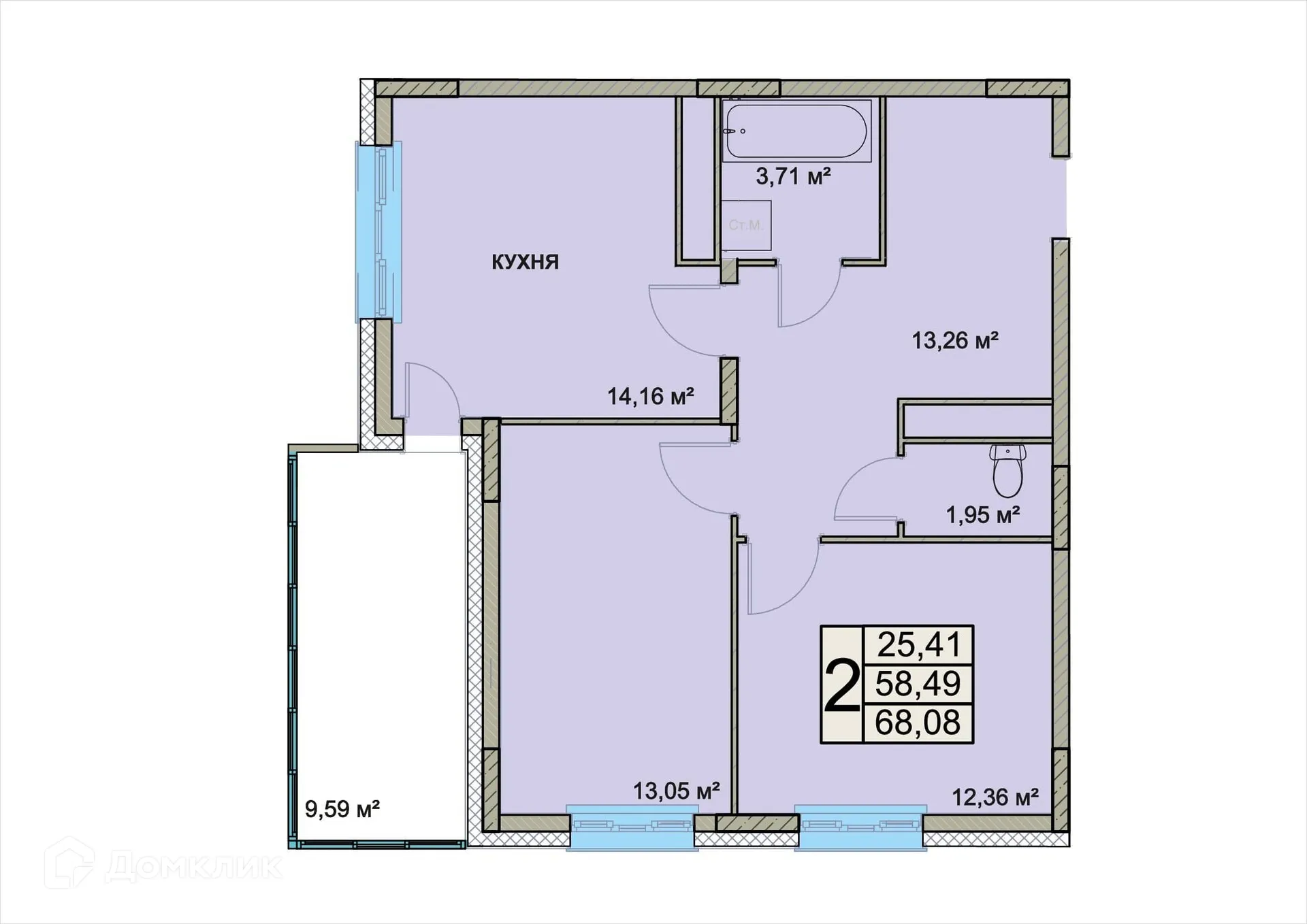 Планировка 2-комнатной квартиры 68.08 м² в ЖК Чернопрудная-2, г. Ярославль — фото 1