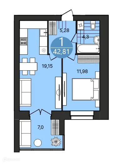 Планировка 1-комнатной квартиры 42.81 м² в ЖК Боровики, г. Ярославль — фото 1