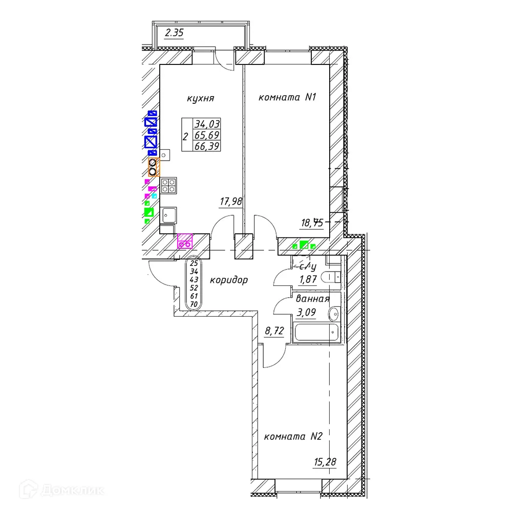 Планировка 2-комнатной квартиры 66.39 м² в ЖК МЯТА, г. Ярославль — фото 1