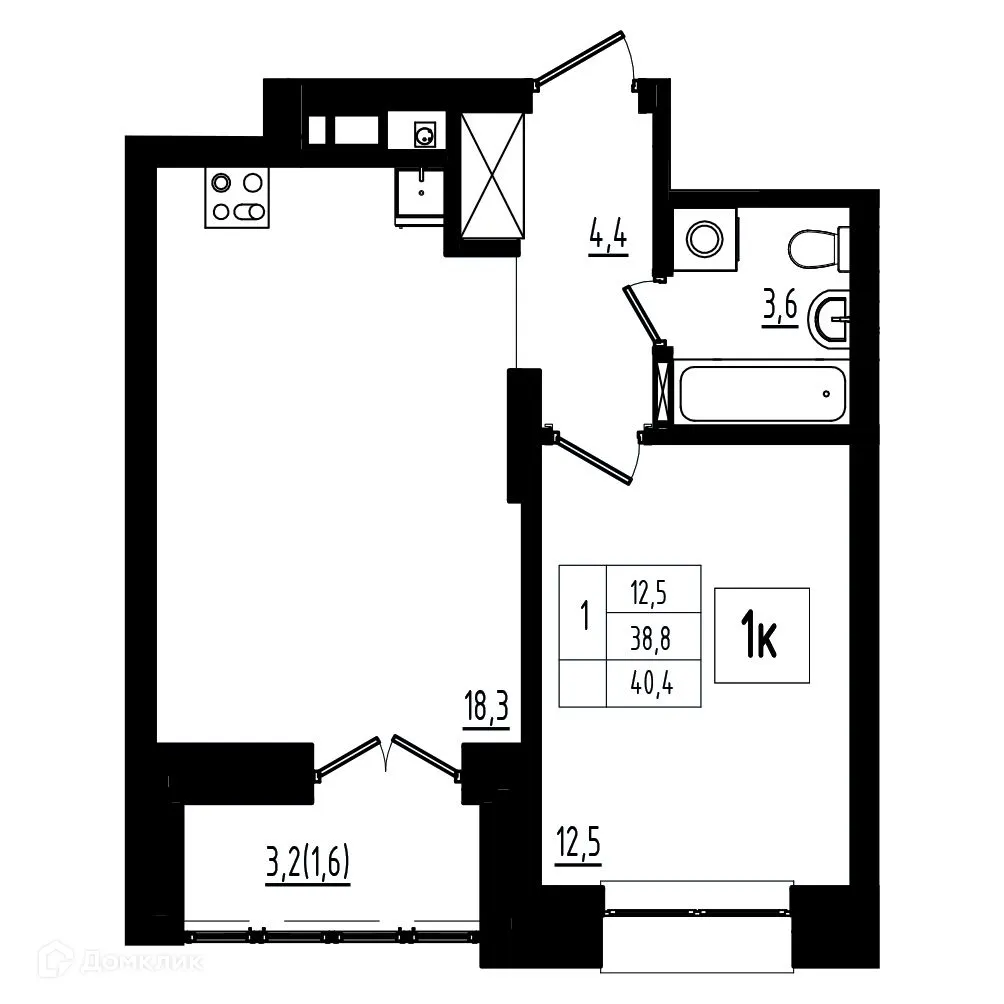 Планировка 1-комнатной квартиры 40.4 м² в ЖК Мелодия леса, г. Ярославль — фото 1